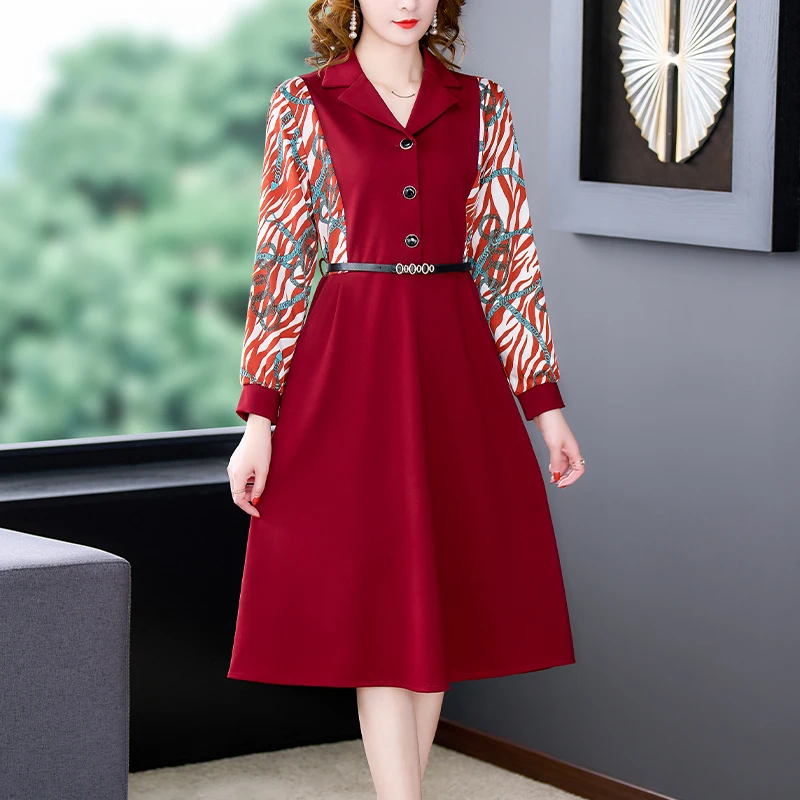 2023 Красное платье Миди в стиле пэчворк с длинным рукавом, женское Черное Корейское Винтажное вечернее платье Хепберн, Весенне-осеннее Элегантное Офисное Женское платье Изображение 0