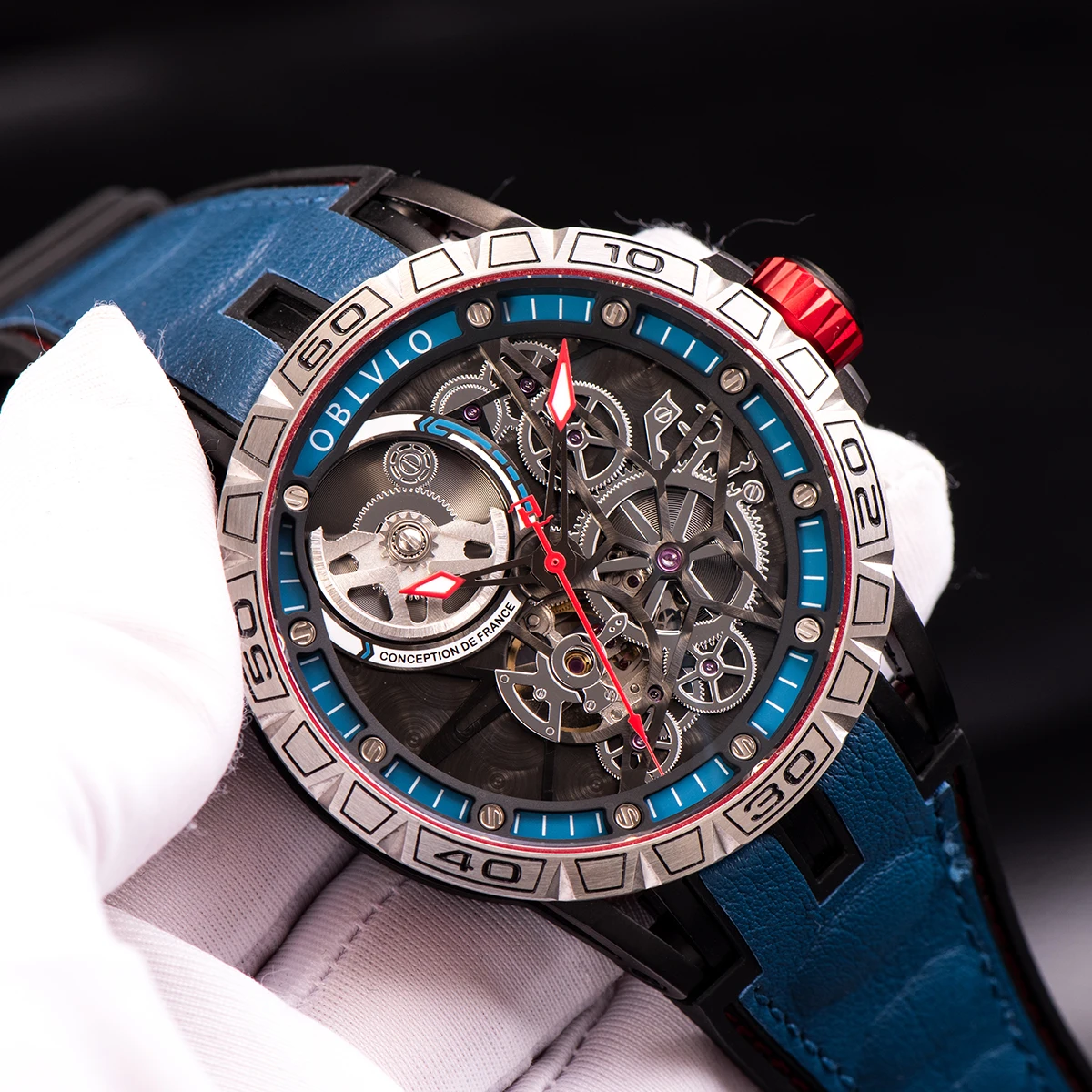 OBLVLO Новые дизайнерские спортивные механические часы в стиле стимпанк для мужчин со скелетным циферблатом, автоматические часы с автоподзаводом, часы с каучуковым ремешком Изображение 0