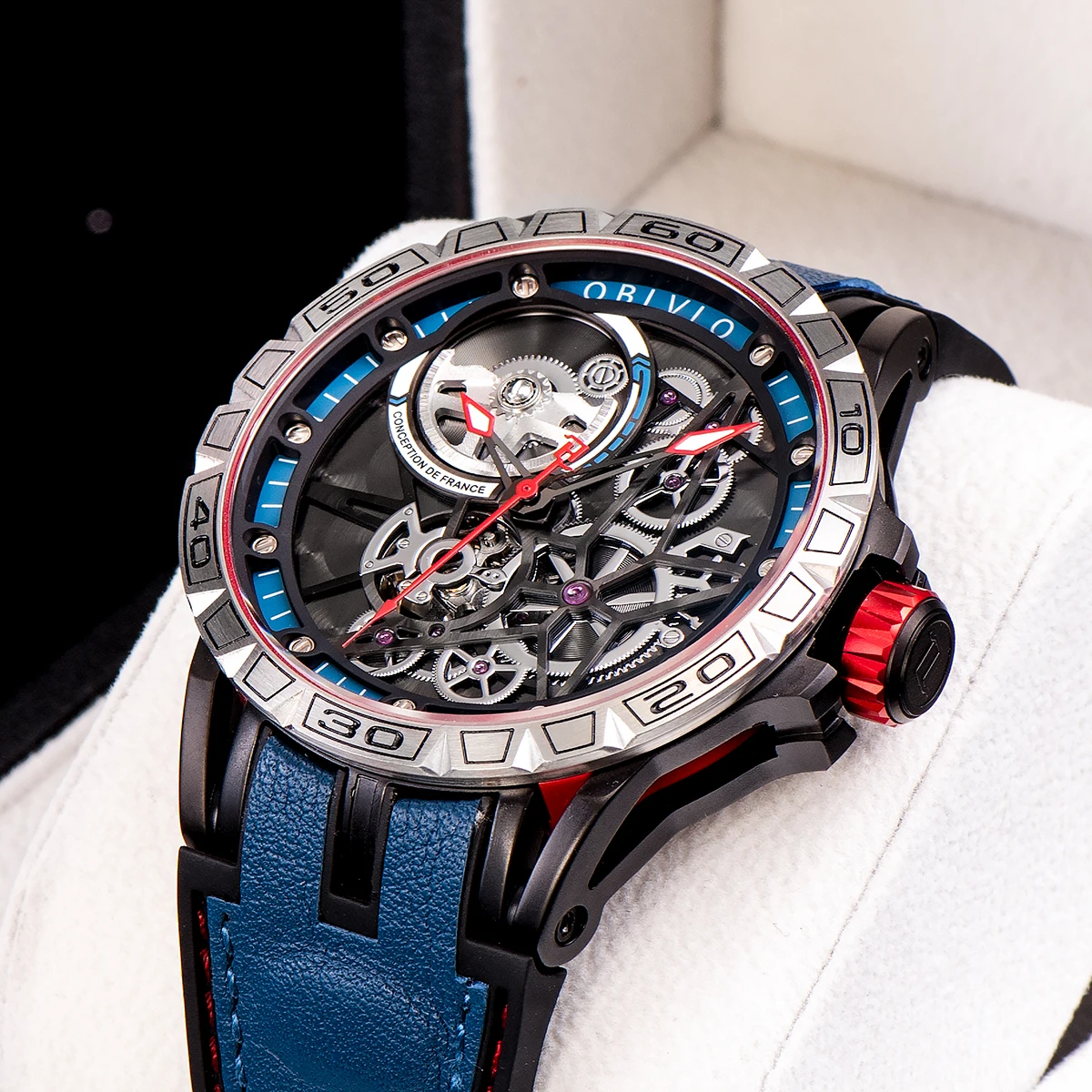 OBLVLO Новые дизайнерские спортивные механические часы в стиле стимпанк для мужчин со скелетным циферблатом, автоматические часы с автоподзаводом, часы с каучуковым ремешком Изображение 1