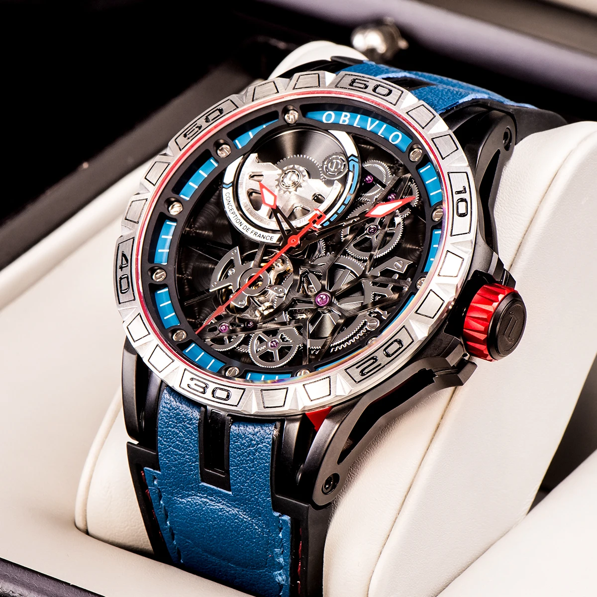 OBLVLO Новые дизайнерские спортивные механические часы в стиле стимпанк для мужчин со скелетным циферблатом, автоматические часы с автоподзаводом, часы с каучуковым ремешком Изображение 2