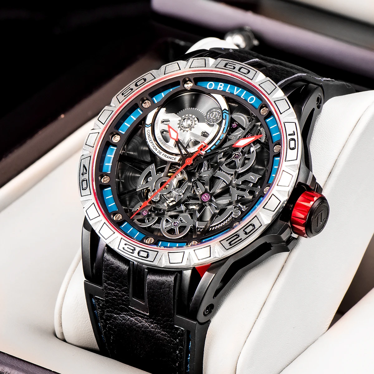 OBLVLO Новые дизайнерские спортивные механические часы в стиле стимпанк для мужчин со скелетным циферблатом, автоматические часы с автоподзаводом, часы с каучуковым ремешком Изображение 4