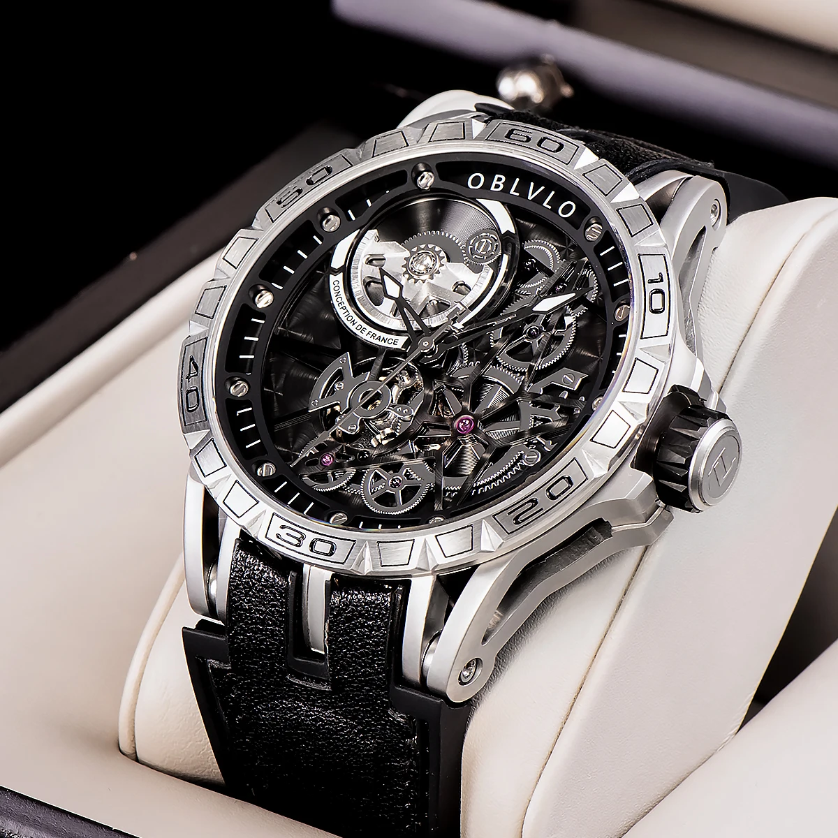 OBLVLO Новые дизайнерские спортивные механические часы в стиле стимпанк для мужчин со скелетным циферблатом, автоматические часы с автоподзаводом, часы с каучуковым ремешком Изображение 5