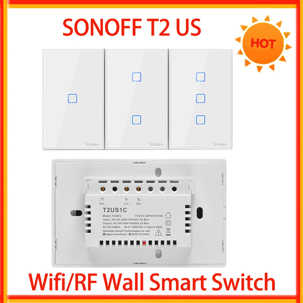 Sonoff T2 WiFi Умный настенный сенсорный выключатель света US 1 2 3 Банды RF Беспроводной пульт дистанционного управления светом Умный домашний контроллер Работа с Alexa Google Изображение 0