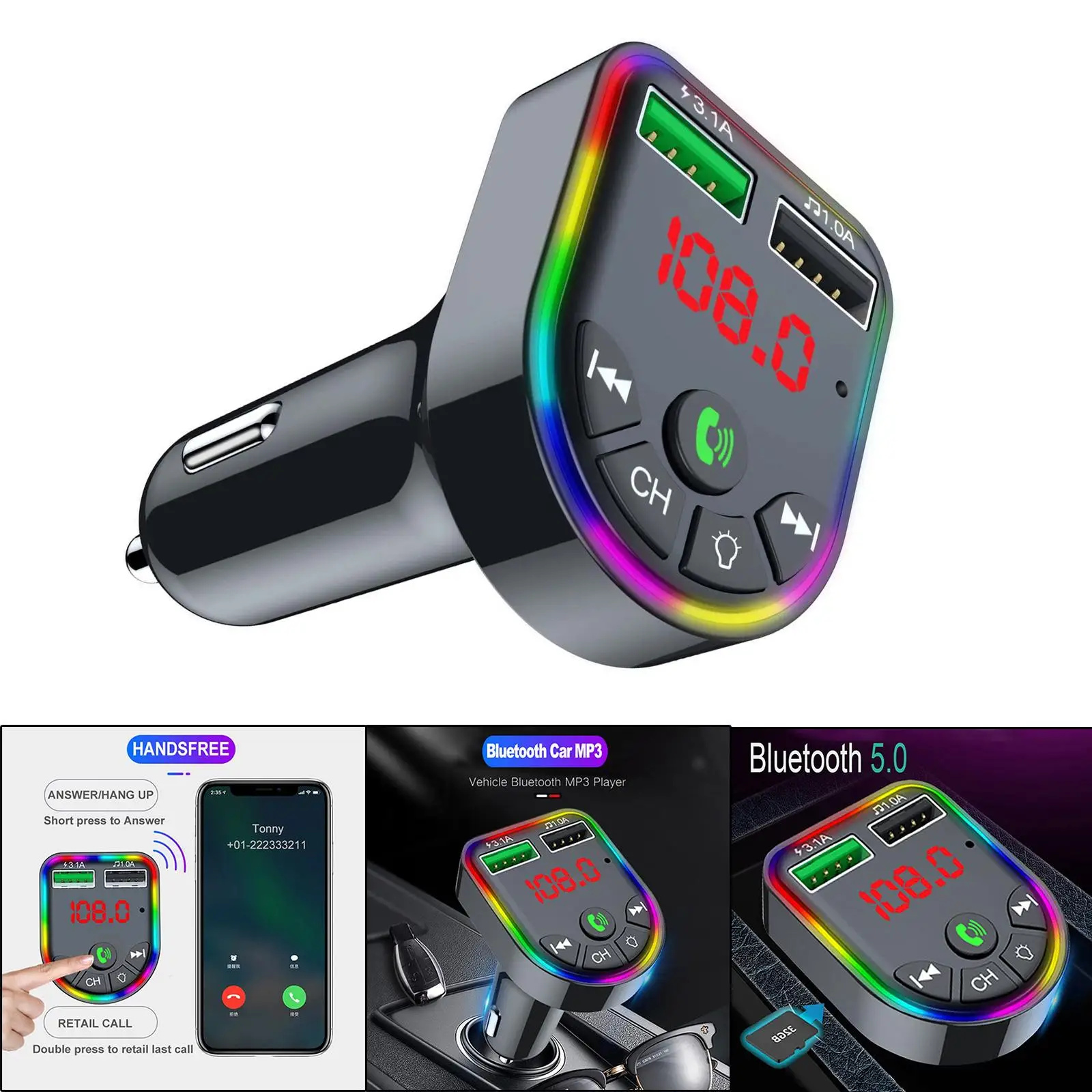 Автомобильное зарядное устройство Bluetooth 5.0 FM Приемник быстрой зарядки 7 с подсветкой RGB Изображение 0