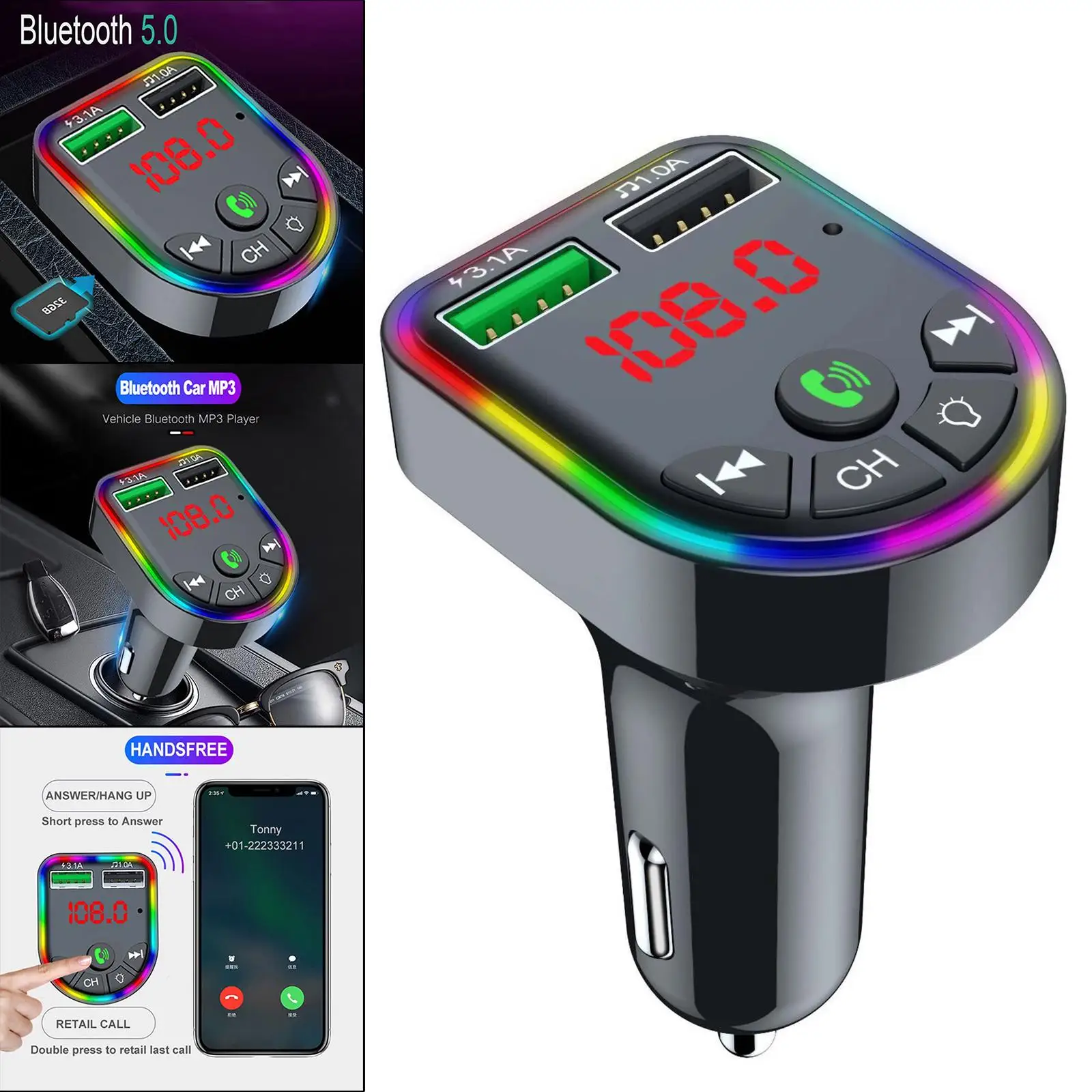 Автомобильное зарядное устройство Bluetooth 5.0 FM Приемник быстрой зарядки 7 с подсветкой RGB Изображение 2
