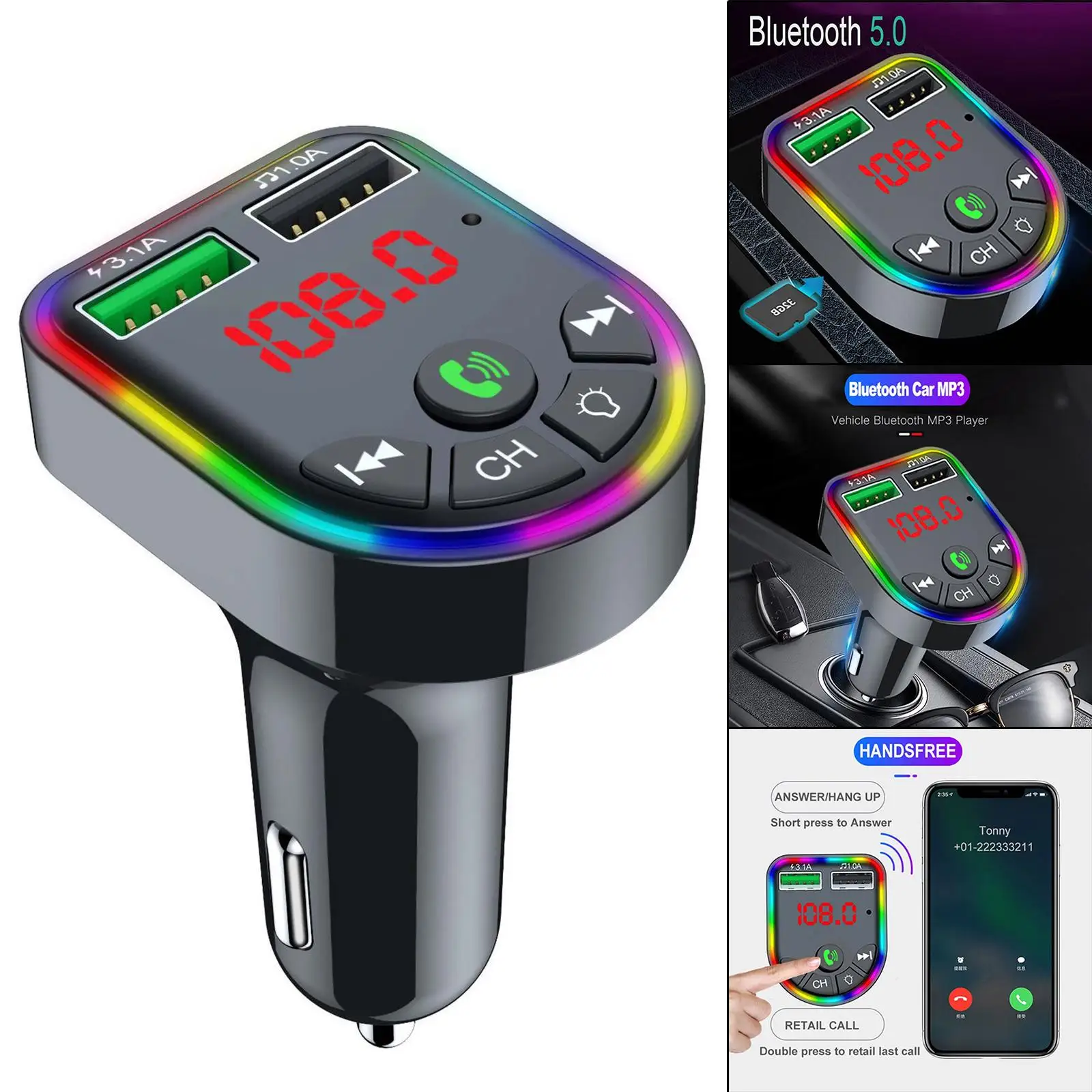 Автомобильное зарядное устройство Bluetooth 5.0 FM Приемник быстрой зарядки 7 с подсветкой RGB Изображение 3