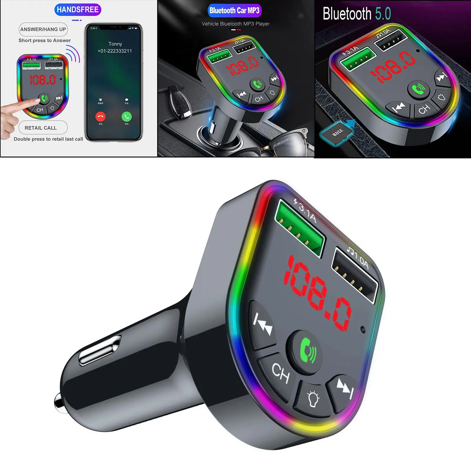 Автомобильное зарядное устройство Bluetooth 5.0 FM Приемник быстрой зарядки 7 с подсветкой RGB Изображение 4