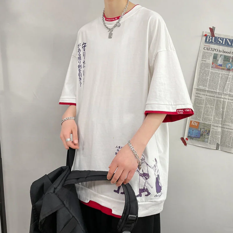 Аниме Поддельные Мужские футболки-двойки с коротким рукавом, негабаритный круглый вырез, мужские футболки, повседневные летние футболки в японском стиле Изображение 3