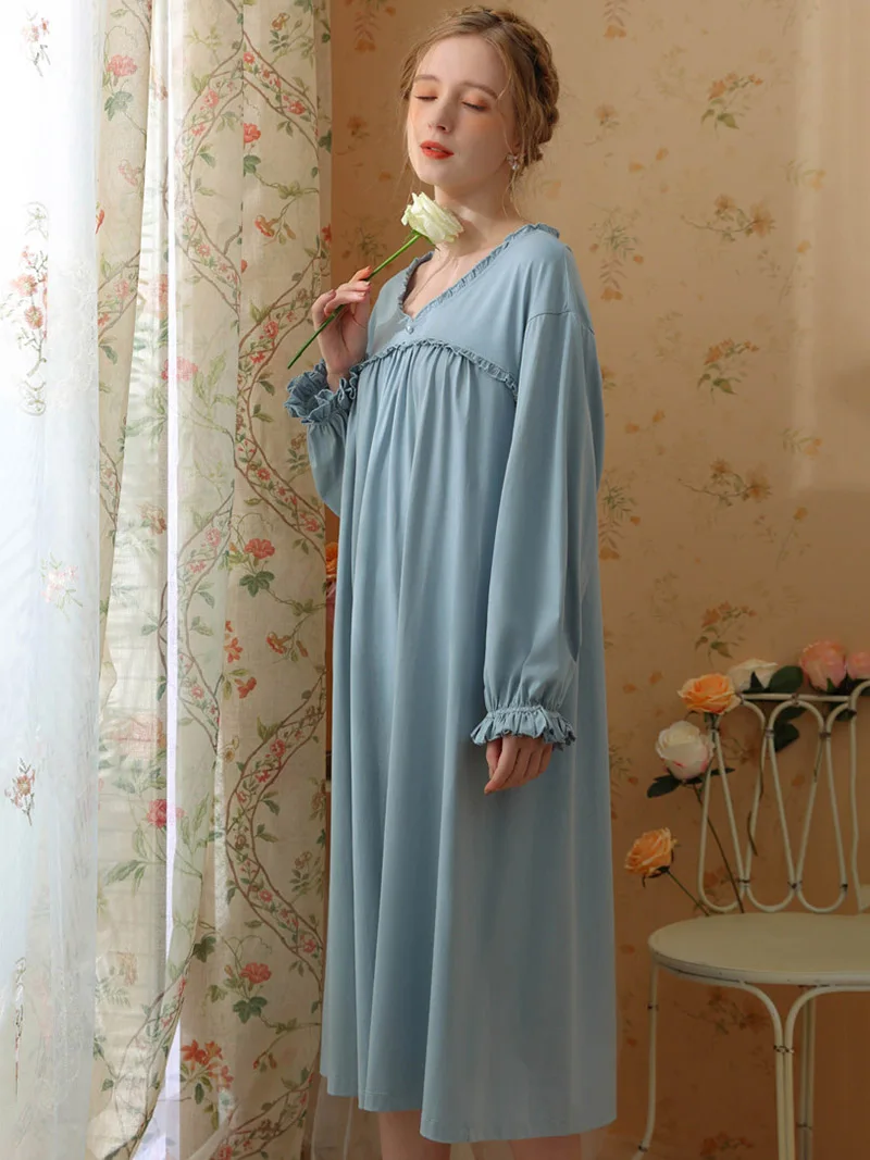 Женские осенние свободные ночные рубашки принцессы, пижамы, хлопковые пижамы с длинным рукавом в викторианском стиле, милые пижамы с V-образным вырезом и оборками, винтажная ночная рубашка Изображение 1