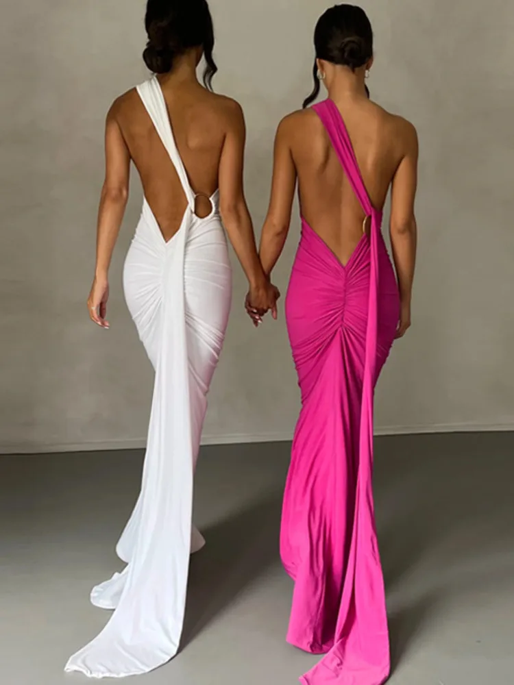 Макси-платье с косым плечом и открытой спиной для женщин, Летнее Сексуальное Вечернее платье с бретельками на спине, без рукавов, с рюшами, Сексуальное Длинное платье Vestidos Изображение 0