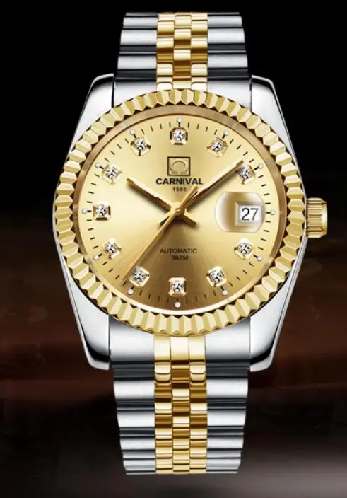 Мужские автоматические часы Carnival, позолоченные, с датой в 25 драгоценных камней, роскошные механические часы в подарок Изображение 0
