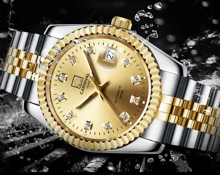 Мужские автоматические часы Carnival, позолоченные, с датой в 25 драгоценных камней, роскошные механические часы в подарок Изображение 2