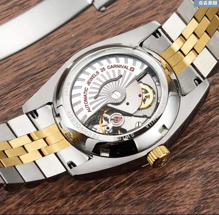 Мужские автоматические часы Carnival, позолоченные, с датой в 25 драгоценных камней, роскошные механические часы в подарок Изображение 3