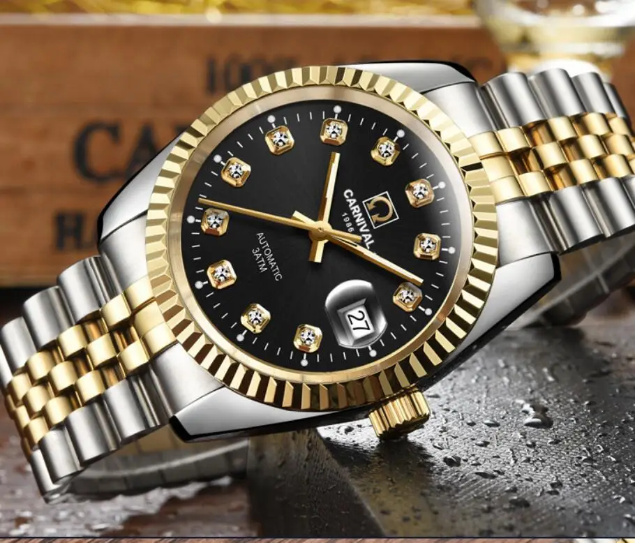 Мужские автоматические часы Carnival, позолоченные, с датой в 25 драгоценных камней, роскошные механические часы в подарок Изображение 4