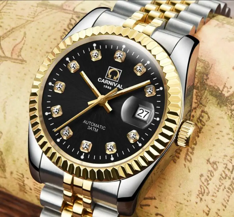 Мужские автоматические часы Carnival, позолоченные, с датой в 25 драгоценных камней, роскошные механические часы в подарок Изображение 5