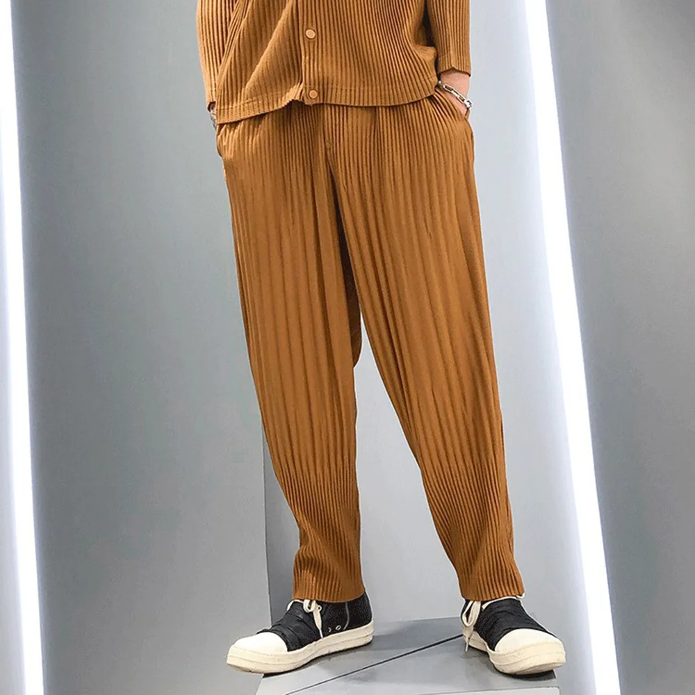 Мужские шаровары в складку Miyake, Весна 2023, Высокая талия, однотонные Свободные спортивные брюки-фонарики, дизайнерская одежда Изображение 0
