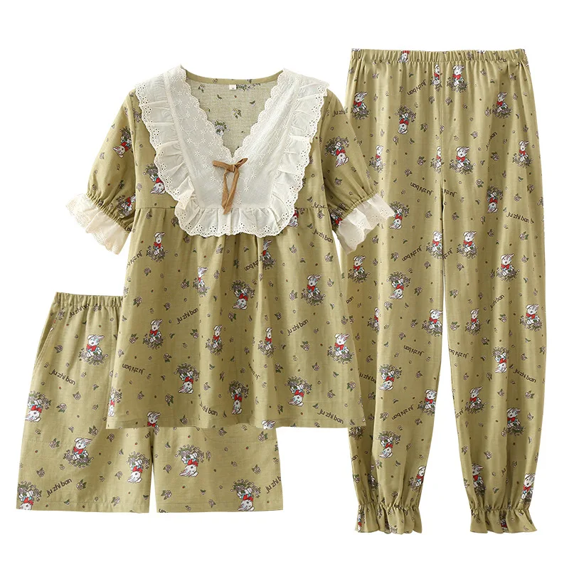 Новая кружевная пижама с короткими рукавами, комплект из трех предметов с милым зеленым кроликом, дышащая домашняя одежда из хлопчатобумажной ткани с V-образным вырезом, женская одежда для отдыха Изображение 0