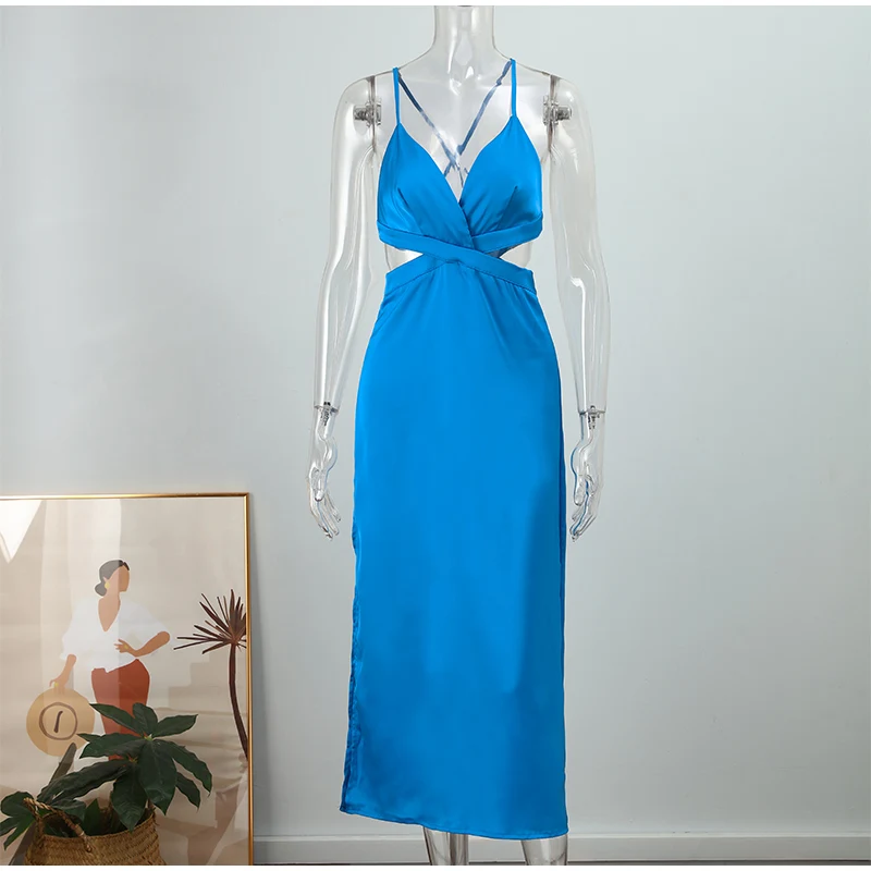 Сексуальное атласное платье-комбинация, женские платья с глубоким V-образным вырезом и разрезом по бокам, женские летние элегантные облегающие платья с открытой спиной 2023 Изображение 2