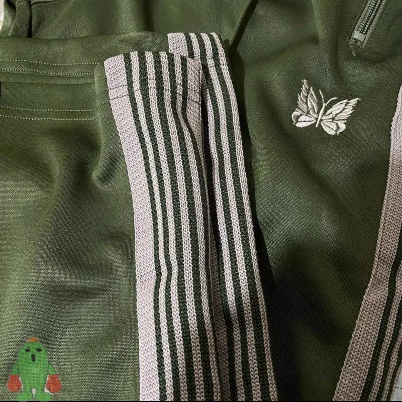 Спортивные штаны Needles AWGE Track в желтую полоску с вышивкой бабочек, зеленые брюки AWGE для мужчин и женщин Изображение 5