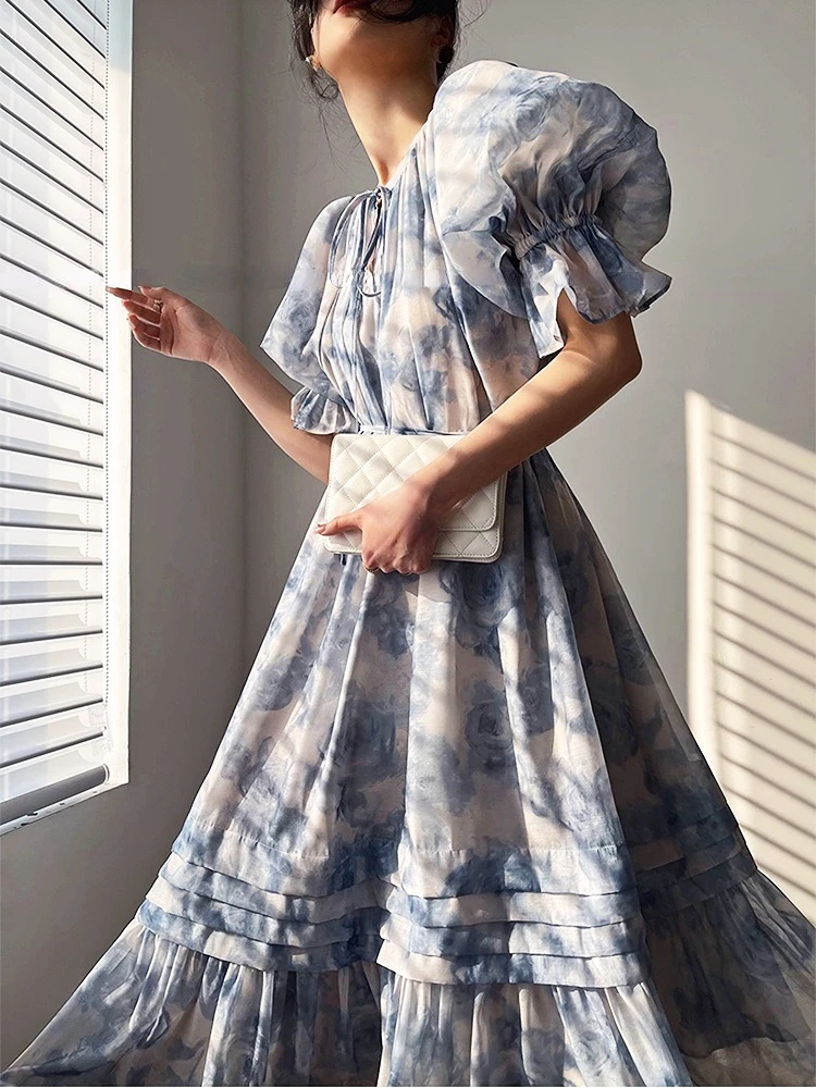 Французское винтажное вечернее платье с цветочным рисунком, элегантное платье миди с пышными рукавами, офисное женское повседневное модное платье, женское пляжное платье 2023, Летний шик Изображение 1