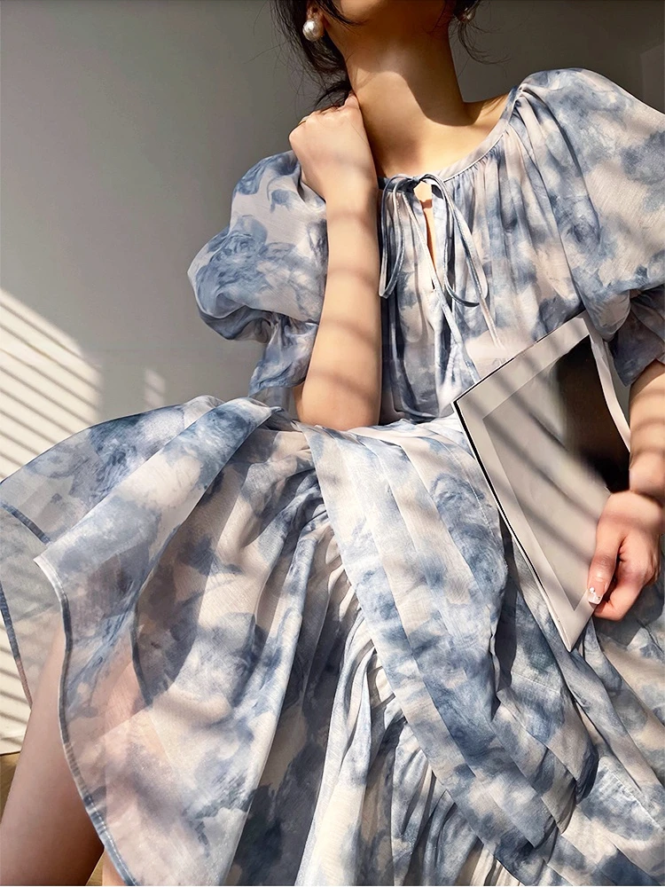 Французское винтажное вечернее платье с цветочным рисунком, элегантное платье миди с пышными рукавами, офисное женское повседневное модное платье, женское пляжное платье 2023, Летний шик Изображение 2