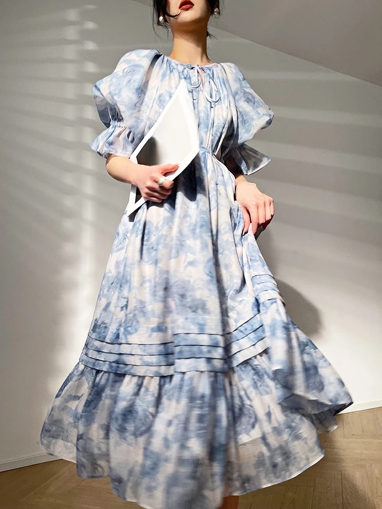 Французское винтажное вечернее платье с цветочным рисунком, элегантное платье миди с пышными рукавами, офисное женское повседневное модное платье, женское пляжное платье 2023, Летний шик Изображение 3