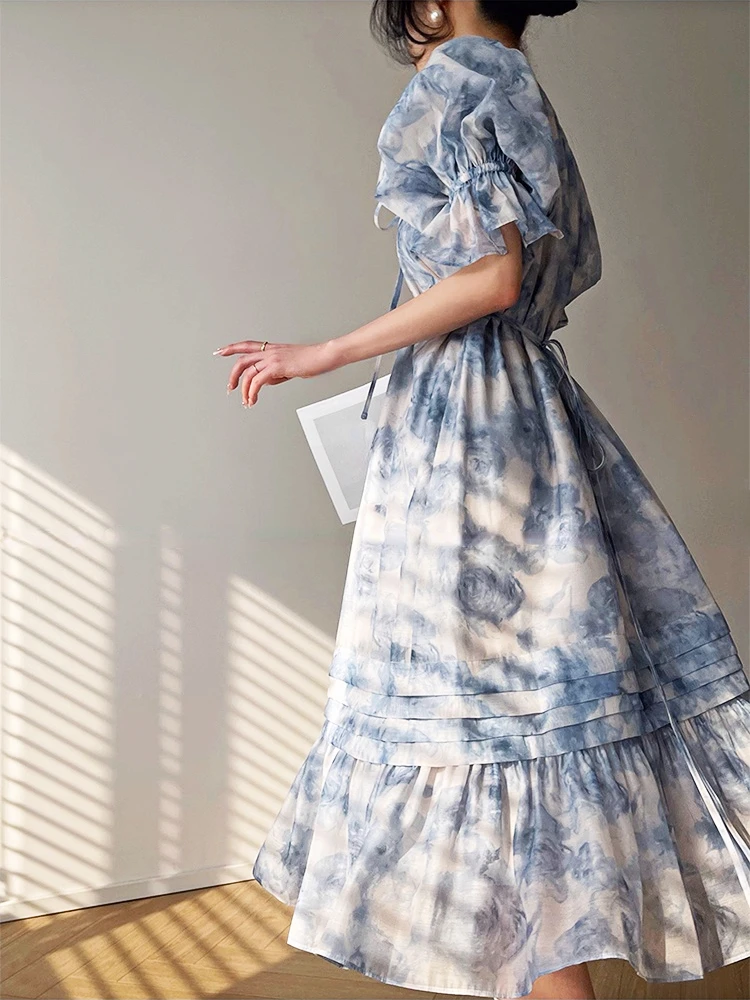 Французское винтажное вечернее платье с цветочным рисунком, элегантное платье миди с пышными рукавами, офисное женское повседневное модное платье, женское пляжное платье 2023, Летний шик Изображение 4