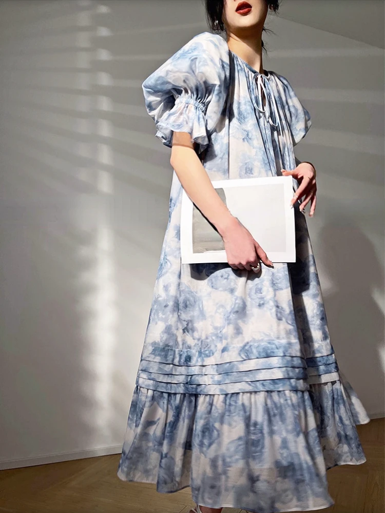 Французское винтажное вечернее платье с цветочным рисунком, элегантное платье миди с пышными рукавами, офисное женское повседневное модное платье, женское пляжное платье 2023, Летний шик Изображение 5