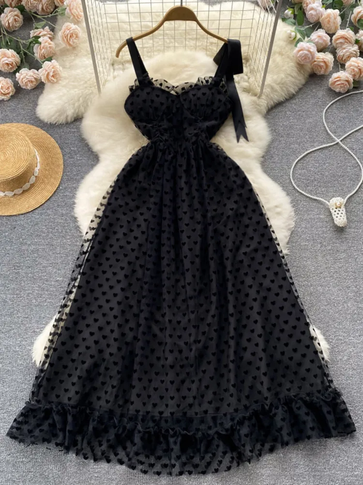 Элегантное Черное Длинное платье, Летнее Женское Сетчатое тюлевое кружевное платье в горошек, женское тонкое винтажное платье Макси трапециевидной формы, Vestidos Изображение 0
