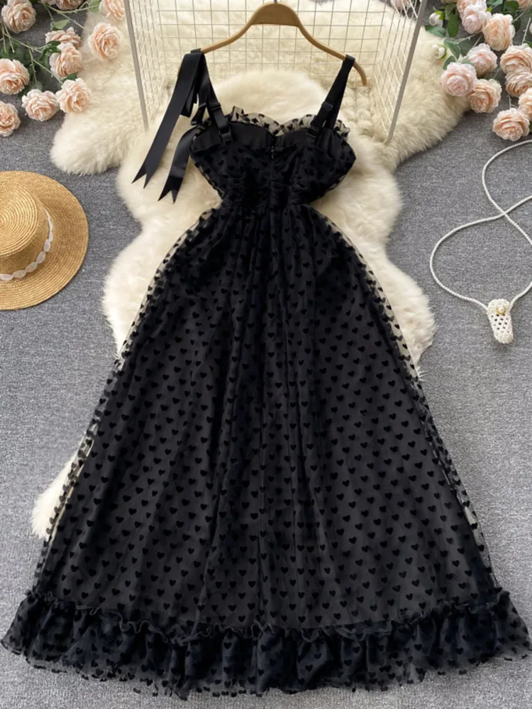 Элегантное Черное Длинное платье, Летнее Женское Сетчатое тюлевое кружевное платье в горошек, женское тонкое винтажное платье Макси трапециевидной формы, Vestidos Изображение 1