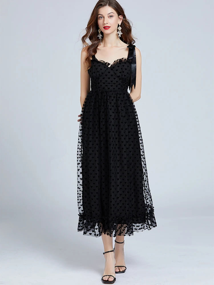 Элегантное Черное Длинное платье, Летнее Женское Сетчатое тюлевое кружевное платье в горошек, женское тонкое винтажное платье Макси трапециевидной формы, Vestidos Изображение 5
